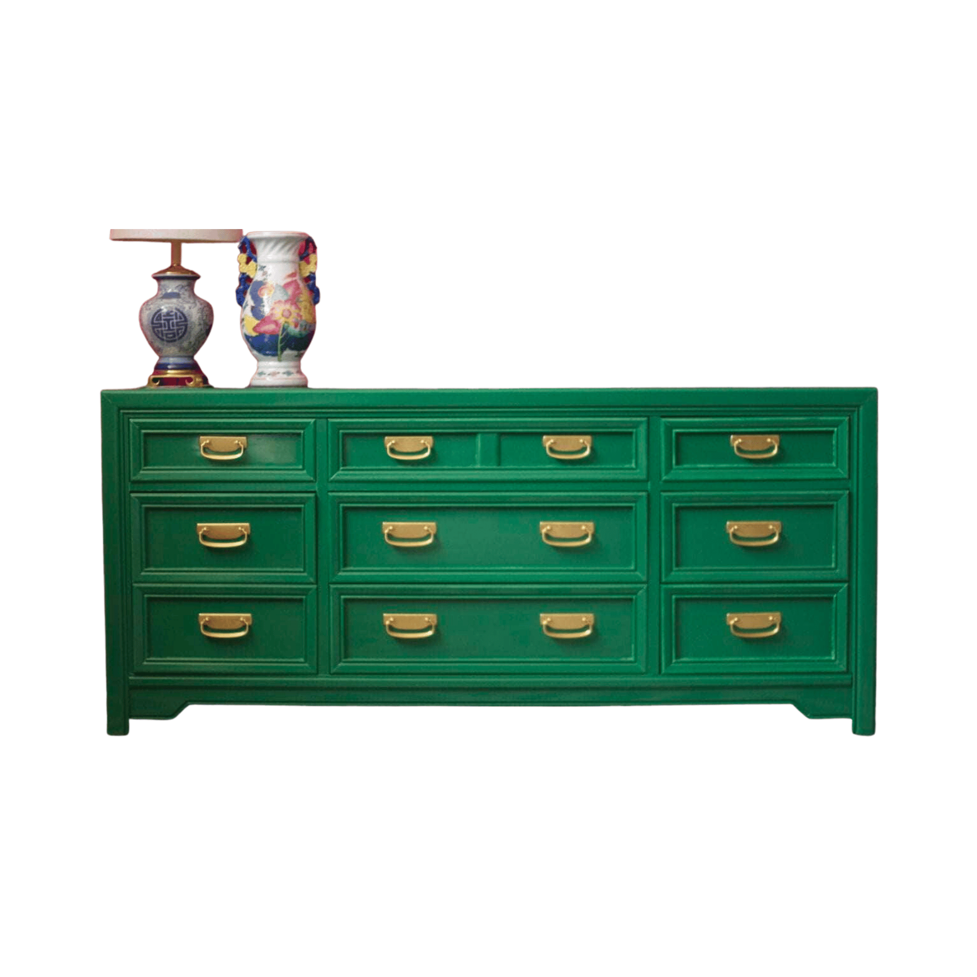 green campaign dresser Slate Interiors | New campaign-style 5-drawer dresser with soft-close drawers and dovetail construction, finished in a forest green lacquer. Measures 49 W X