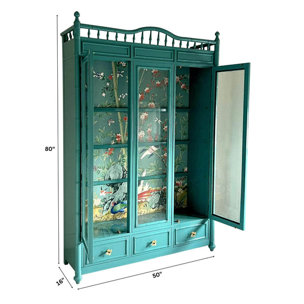 China Cabinets & Hutches Faux Bamboo China Cabinet in Sucheta’s Custom Teal The Resplendent Home