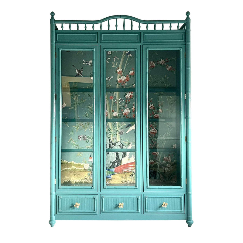 China Cabinets & Hutches Faux Bamboo China Cabinet in Sucheta’s Custom Teal The Resplendent Home