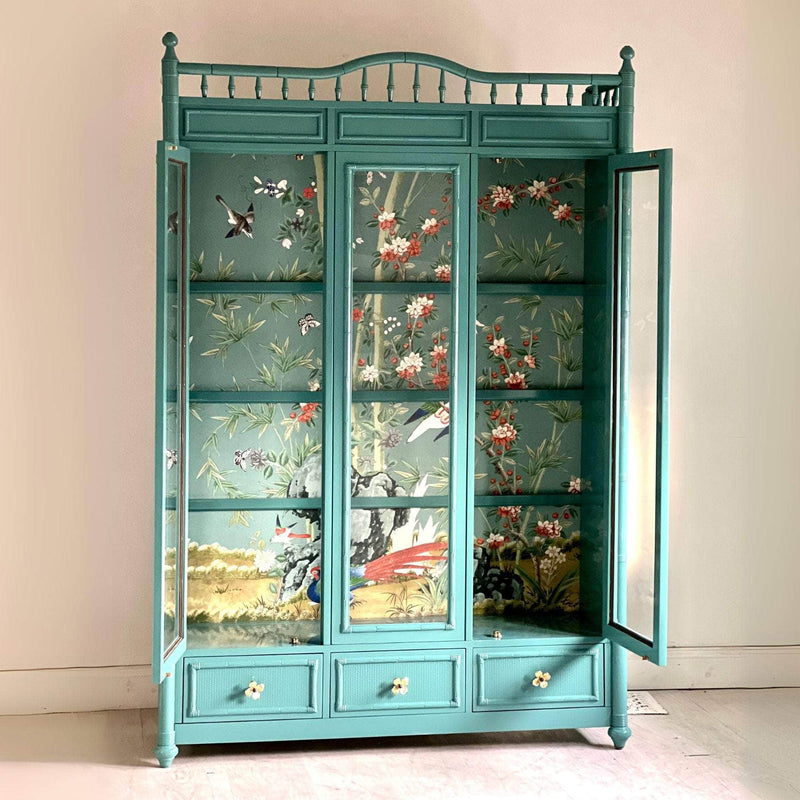 China Cabinets & Hutches Faux Bamboo China Cabinet in Sucheta’s Custom Teal The Resplendent Home