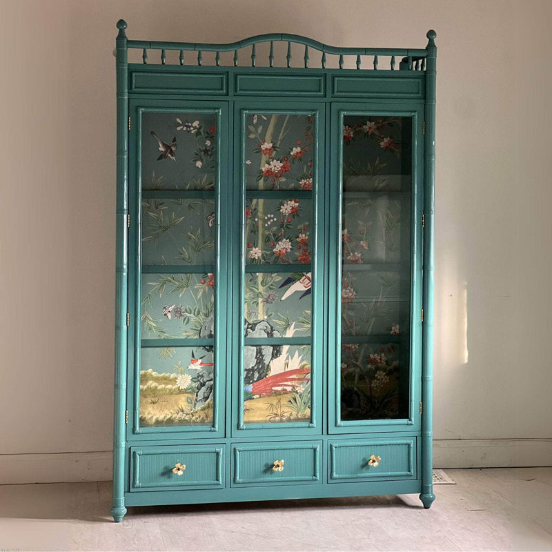 China Cabinets & Hutches Faux Bamboo China Cabinet in Sucheta’s Custom Teal The Resplendent Home