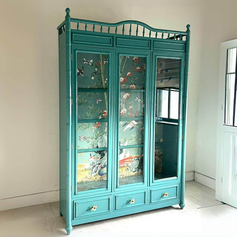 China Cabinets & Hutches Faux Bamboo China Cabinet in Sucheta’s Custom Teal The Resplendent Home