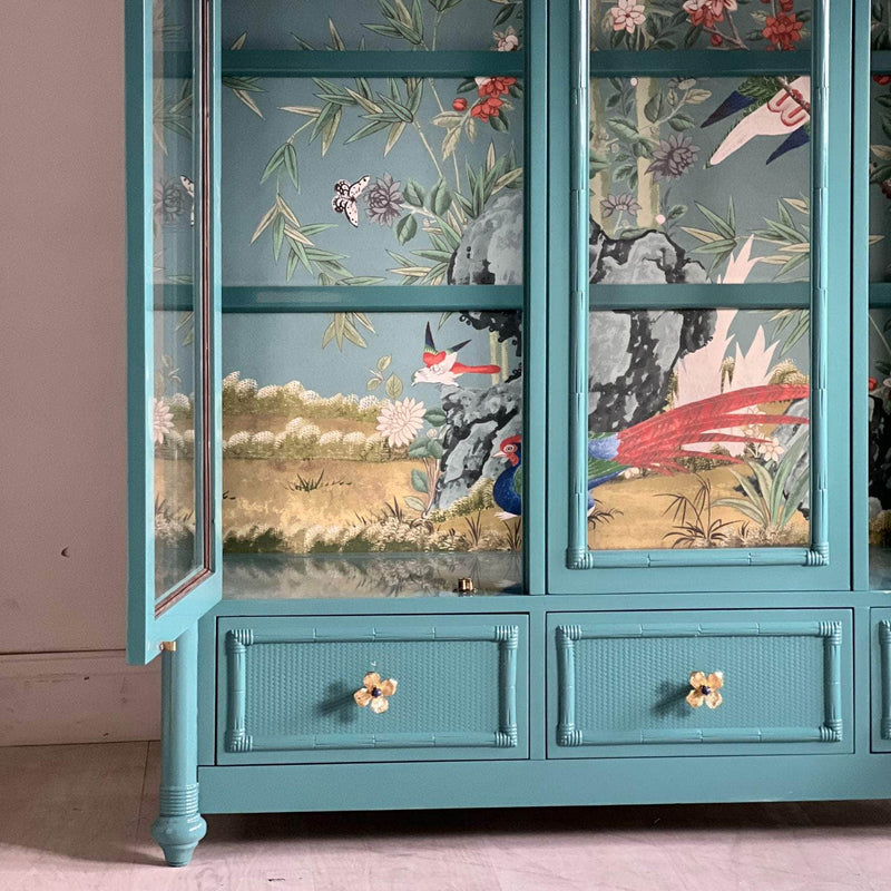 China Cabinets & Hutches Faux Bamboo China Cabinet in Sucheta’s Custom Teal The Resplendent Home