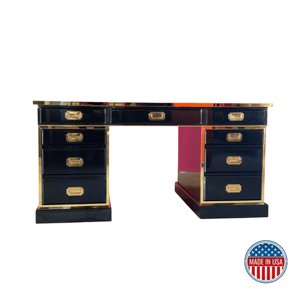 Desk Executive Campaign Desk With Brass Details - Custom Lacquered The Resplendent Crow