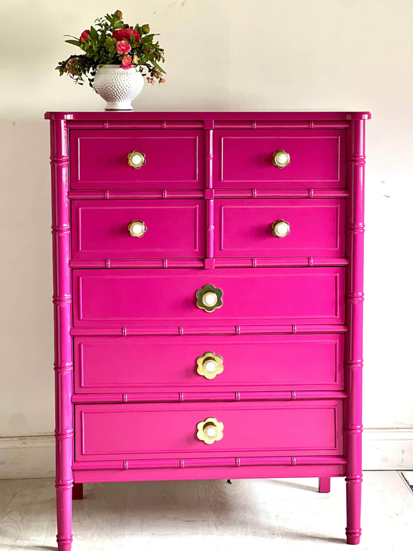 Dressers 7 Drawer Faux Bamboo Tallboy in Pink The Resplendent Home