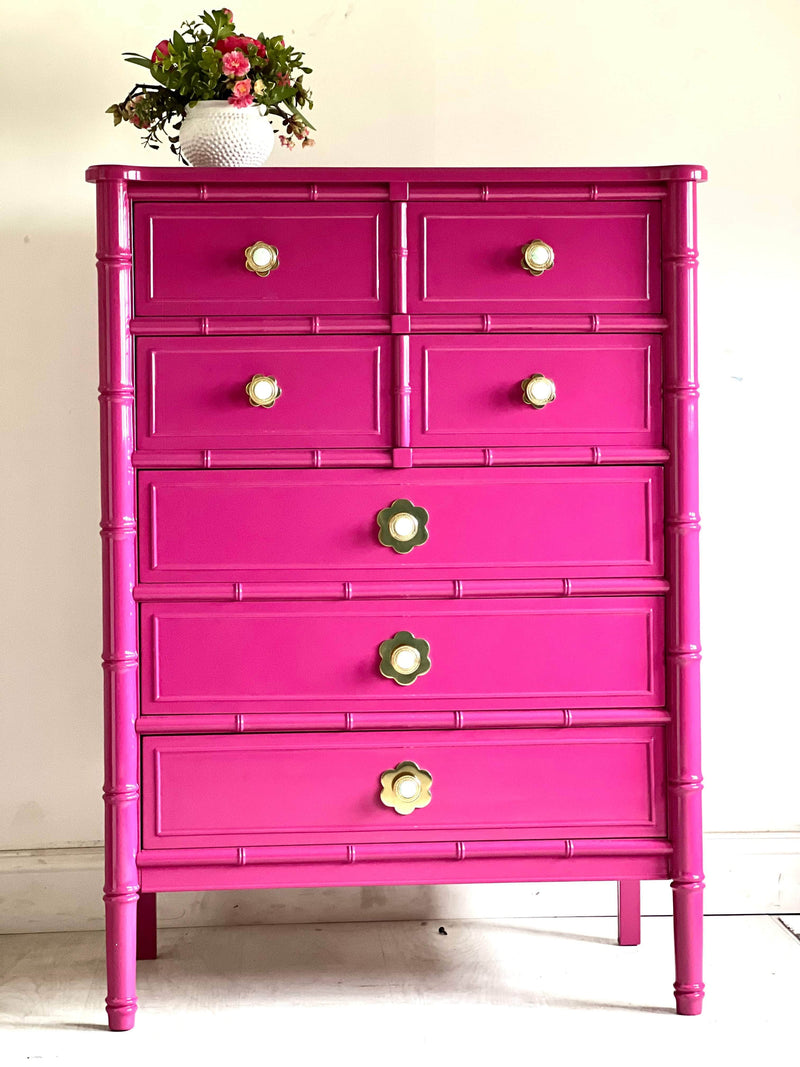 Dressers 7 Drawer Faux Bamboo Tallboy in Pink The Resplendent Home