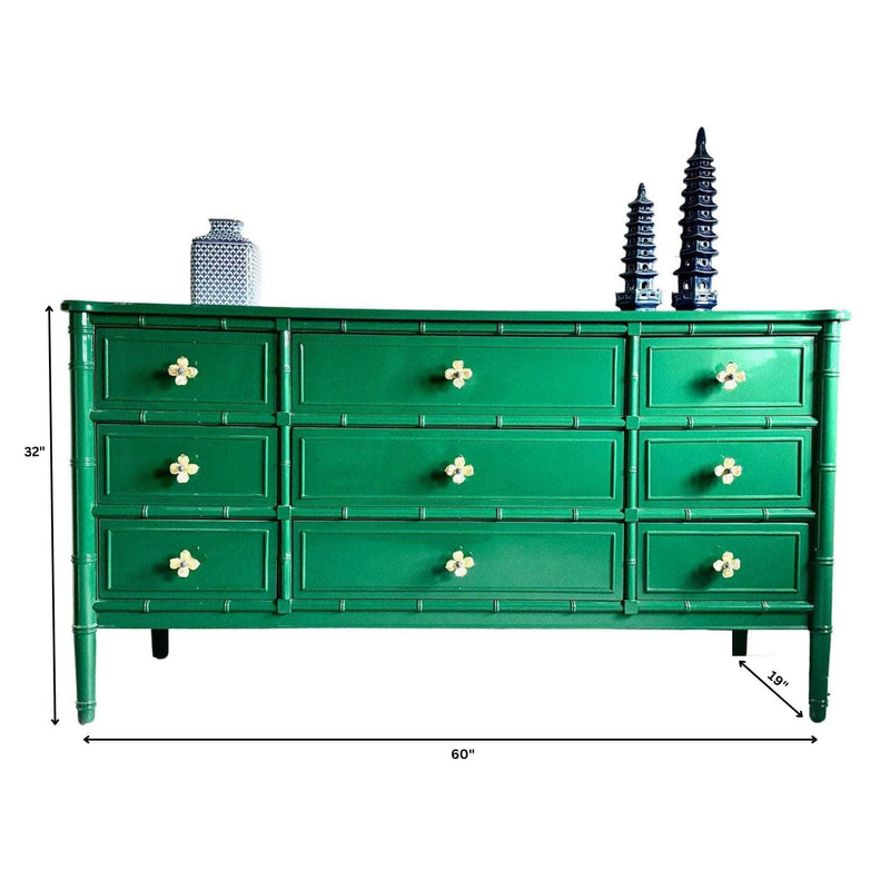 Faux Bamboo Dresser Lacquered in Bottle Green The Resplendent Home