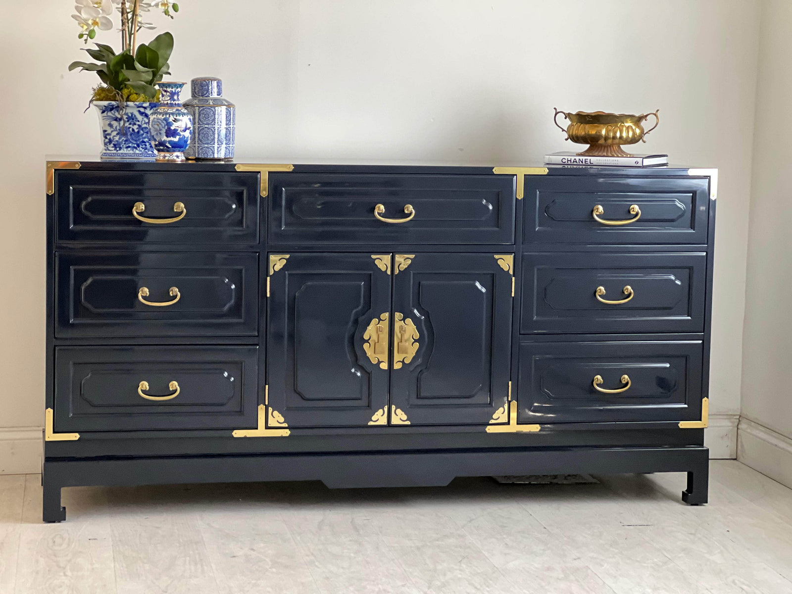 navy blue lacquer dresser Hollywood Regency Dresser