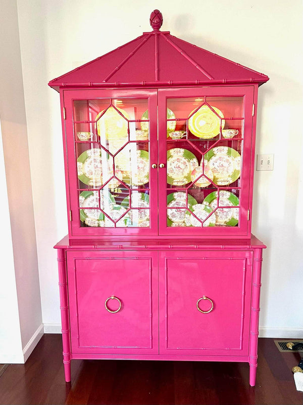 Pagoda Top Faux Bamboo China Cabinet - Custom Lacquered The Resplendent Home