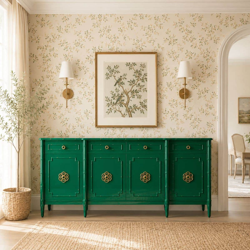 【中古】 Seven Star Green RebsieFairholm Savannah Breakfront Faux Bamboo Credenza - Lacquered