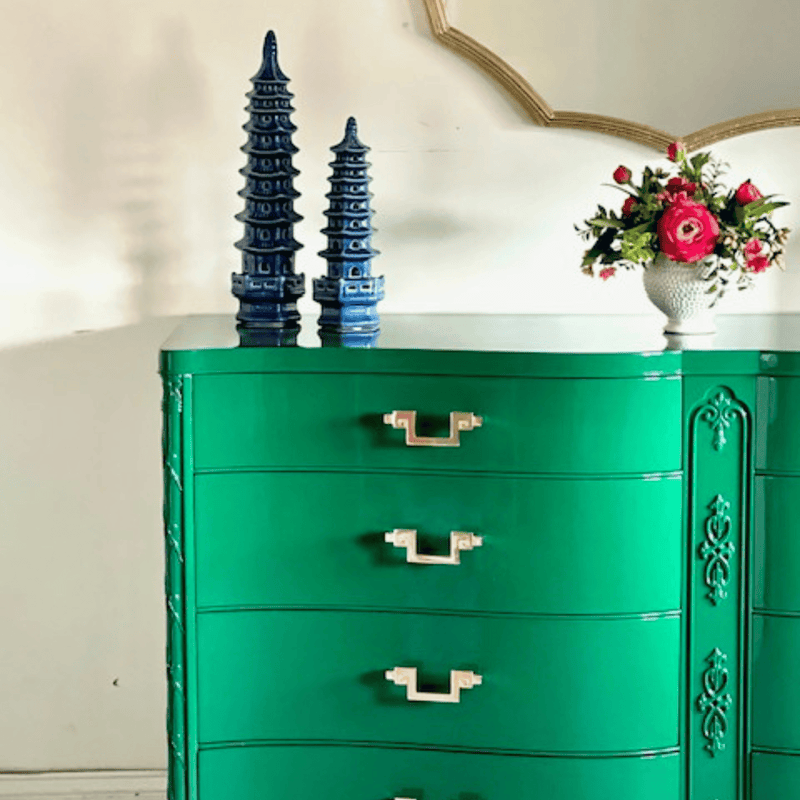 Solid Mahogany Serpentine Dresser in Green The Resplendent Crow