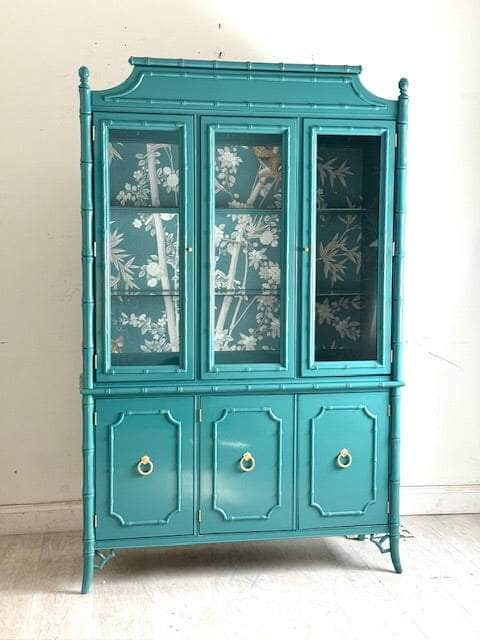 Vintage Pagoda Top China Cabinet in teal The Resplendent Home