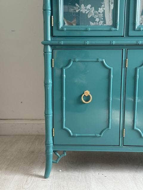Vintage Pagoda Top China Cabinet in teal The Resplendent Home