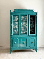 Vintage Pagoda Top China Cabinet in Teal
