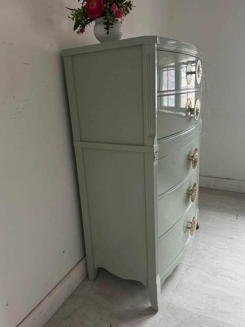 Vintage Bowfront Tallboy in Soft Green - Quick Ship The Resplendent Home