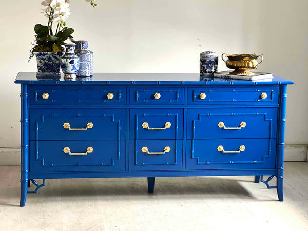 Lacquered Faux Bamboo Dresser in Blue The Resplendent Home