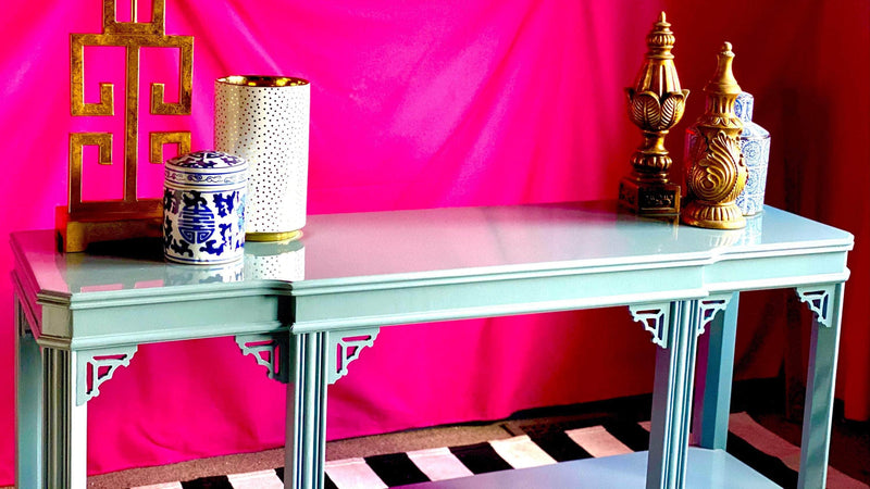 Vintage Lane Chinoiserie Console Table Lacquered in De Nimes The Resplendent Home